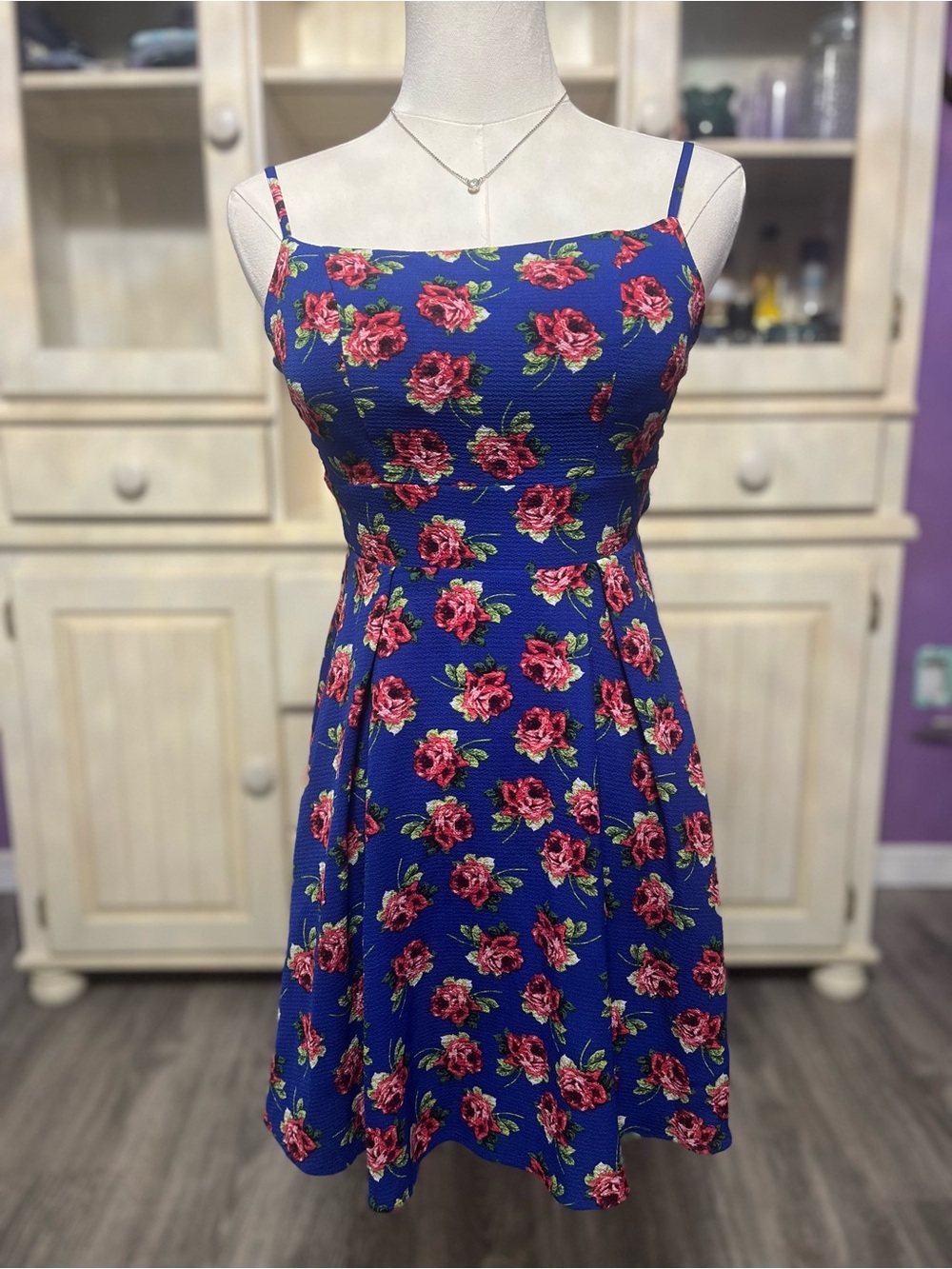 Darlin Royal Blue Floral Skater Dress - Size Junior's 1/2 - Picture 4 of 12